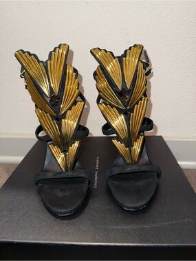 Giuseppe Zanotti Black and Gold Leaf Detail Strappy High Heels